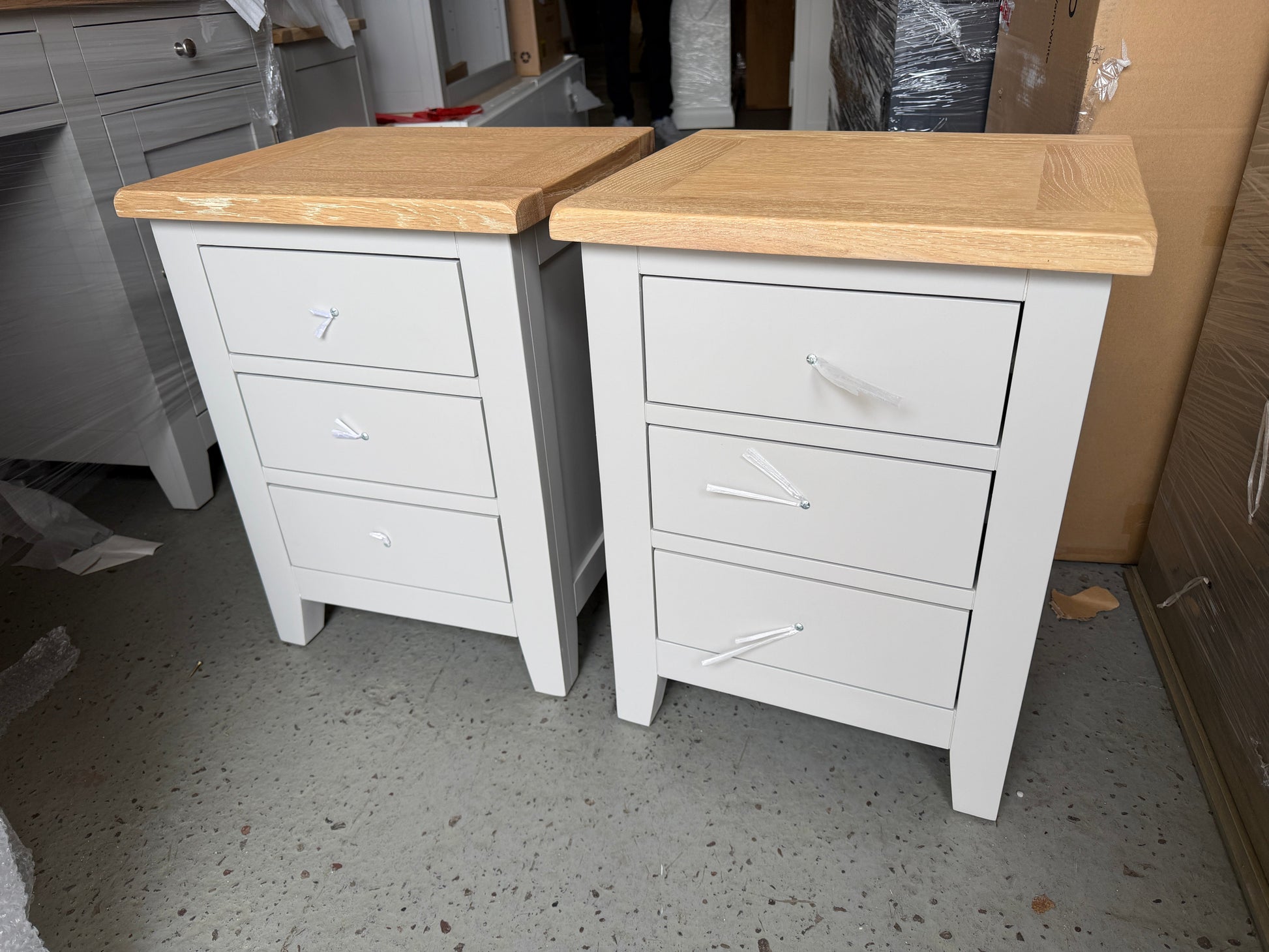 CHESTER DOVE GREY
3 Drawer Bedside Table - set of two Quality Furniture Clearance Ltd