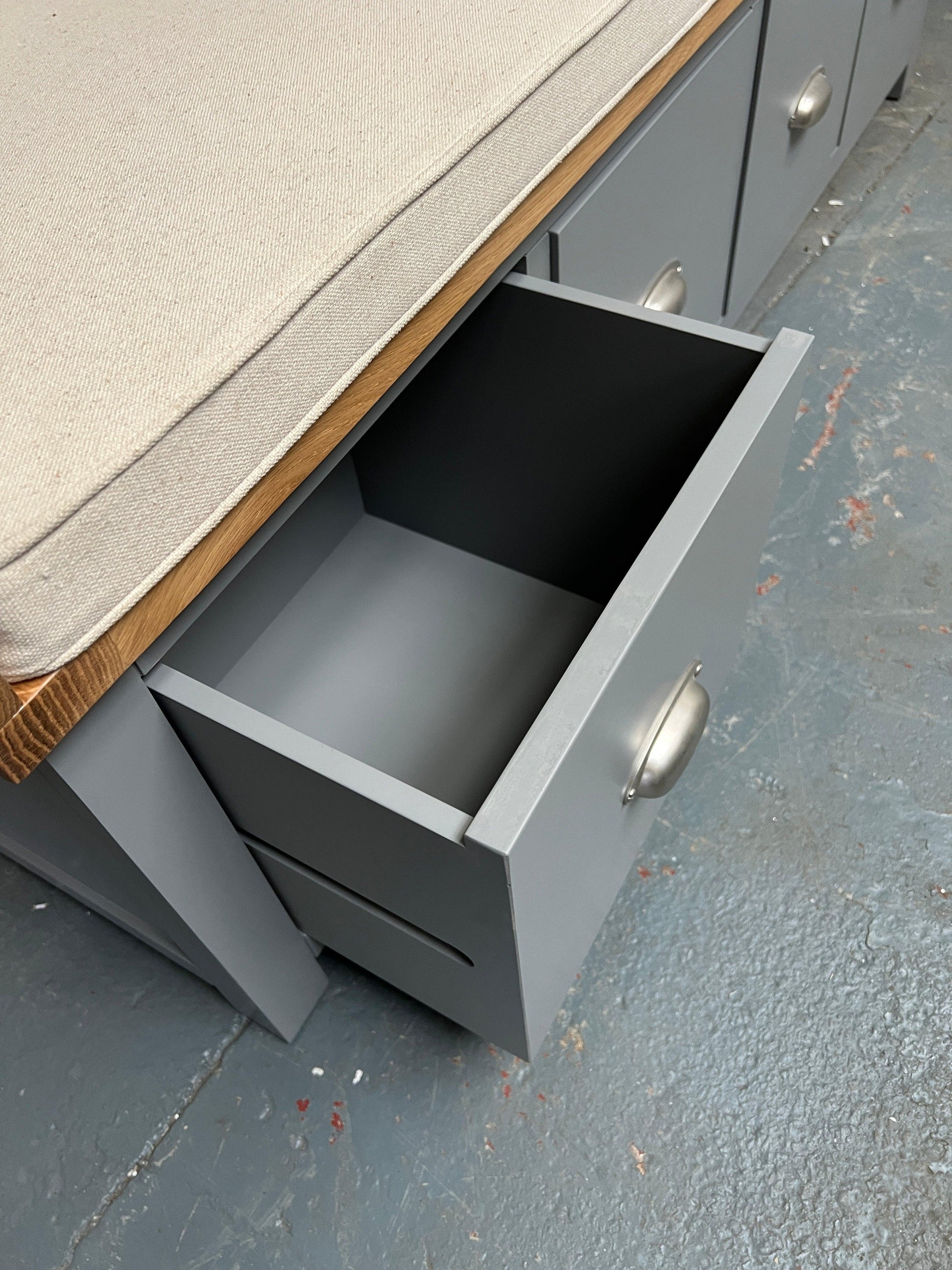 Sussex Storm Grey Four Drawer Shoe Bench with Cushion. furniture delivered 
